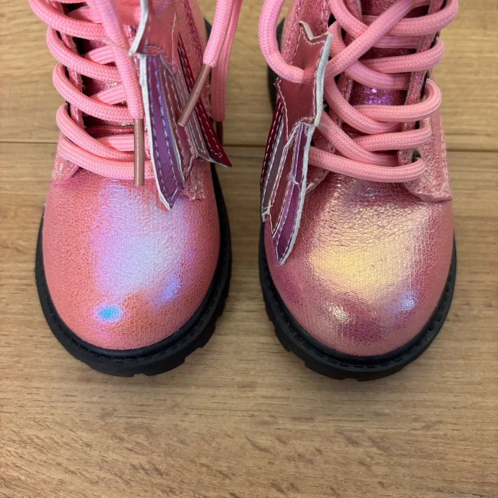 OLIVIA MILLER GIRL Crystal Sky Combat Boots Pink Kids Size 5 Metallic Lace Up